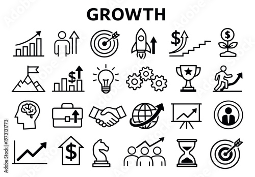 Line art business growth icons set featuring charts, rockets, money, lightbulbs, and gears for business success and development
