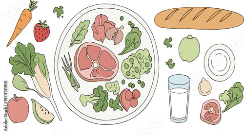 Healthy meal plate vector collection set with meat vegetables bread water balanced diet illustration isolated on white background for nutrition design
