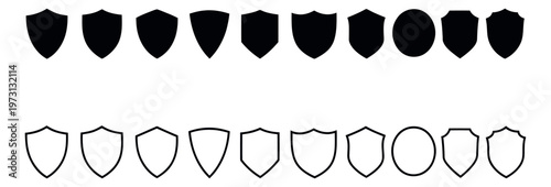 Graphic shield icon set featuring various crest shapes in solid and outline styles for web and app design
