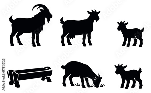 Silhouette goat family set featuring male, female, and baby goats with a feeder for farm animal designs