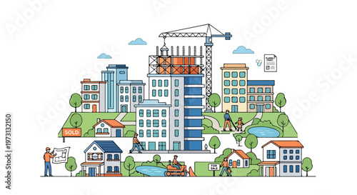 Illustrative depiction of urban development and real estate transactions featuring construction sites and residential properties