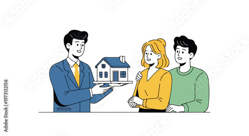 Real Estate Agent Presents Miniature House to Couple for Property Investment Consultation and Future Home Buying