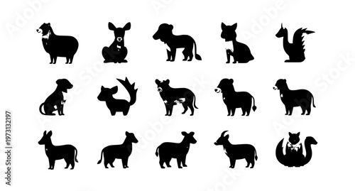 Cute cartoon cats and dogs vector set with playful pet characters in various poses for kids design isolated on white