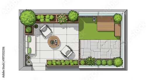 Contemporary outdoor living space design featuring sleek furniture, lush greenery, and distinct patio zones