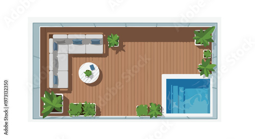 Modern Rooftop Oasis: An Aerial View of a Chic Outdoor Lounge Area Featuring a Pool and Seating