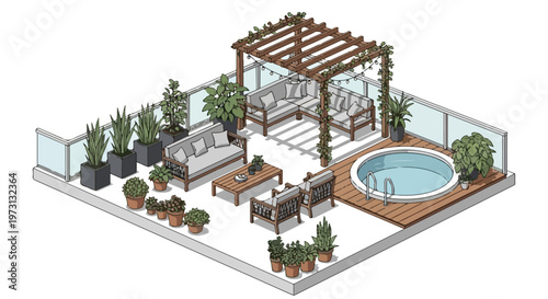 Isometric illustration of a serene rooftop oasis featuring a spa, comfortable seating, and lush greenery, perfect for relaxation and entertainment