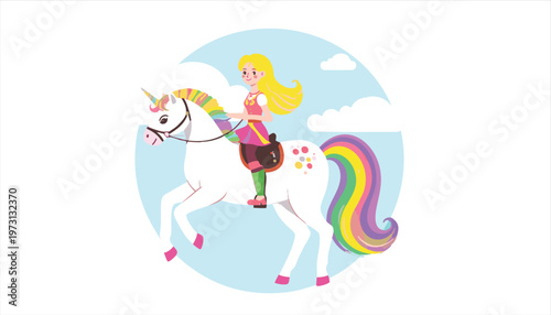 vector A blonde girl riding a white unicorn with a rainbow mane and tail
