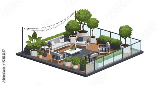 Chic urban balcony oasis with modern furniture and lush potted plants under string lights for relaxed outdoor living