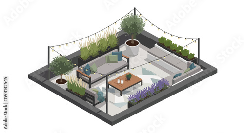 An isometric illustration of a contemporary rooftop patio oasis, featuring comfortable seating, lush greenery, and ambient string lights for evening