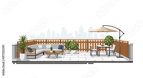 Modern Rooftop Terrace Oasis with City Skyline Backdrop and Elegant Outdoor Furniture Collection