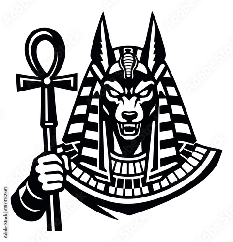 Iconic illustration of Anubis depicting a mythical jackal god holding an ankh for ancient Egypt