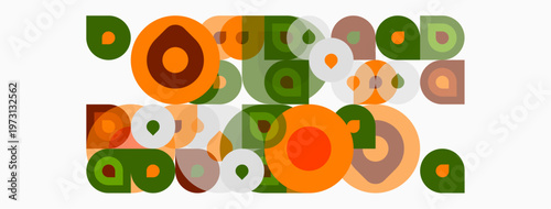 Abstract composition featuring overlapping circles, squares, muted orange, green, beige tones. Modern geometric design, playful aesthetic.