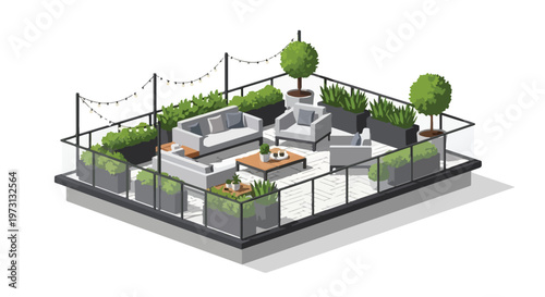Modern minimalist rooftop terrace oasis with comfortable seating, lush greenery, and ambient string lights, perfect for urban relaxation and