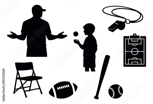 Graphic silhouette sports icon set featuring a coach, child, and essential sports equipment for youth coaching and recreation