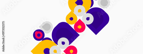 Abstract geometric shapes overlap, creating vibrant composition. Purple, yellow, pink, gray circles dominate white background. Modern design.