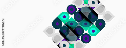 Abstract pattern features overlapping circles, squares. Colors include teal, purple, gray, white. Minimalist design, geometric shapes present.
