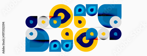 Abstract geometric shapes, blue, yellow. Overlapping circles, squares create playful composition. Modern design, vibrant colors.