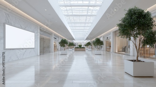 Spacious modern luxury retail shopping mall interior with large windows and decorative trees