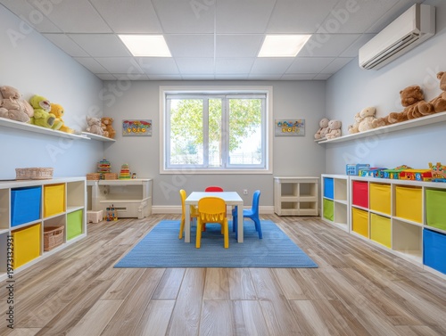 Bright and cheerful preschool classroom interior with colorful toys, learning materials, and child-sized furniture