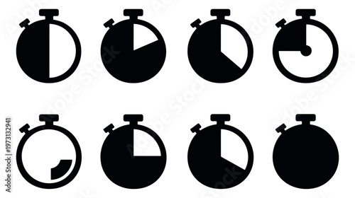 Simple stopwatch icon set featuring various time progress states for digital applications