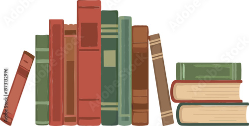 Vintage book collection with hardcover books in red, green, and brown colors vector illustration isolated on white background