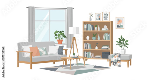 Cozy minimalist living room scene with sofa, bookshelf, coffee table, and window light creating a serene ambiance for relaxation and reading