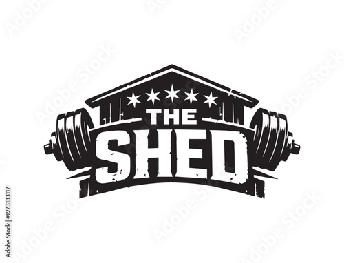 Vintage Gym Logo with Barbell – The Shed Fitness Badge Emblem in Black and White
