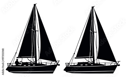 Silhouette sailboat set featuring a sailboat with a person steering and a vacant sailboat for ocean travel
