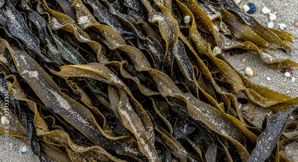 Fototapeta premium Close-up of seaweed with dew on a rocky shoreline
