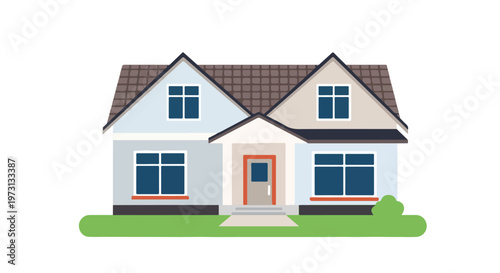A simple flat illustration of a detached suburban house with a prominent roofline and multiple windows set against a clean white background.