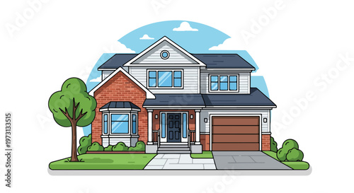 Charming illustration of a two-story residential home with a brick facade and a detached garage.