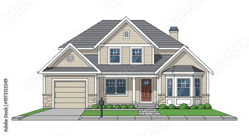 A detailed architectural illustration of a charming two-story suburban home with a garage and manicured lawn