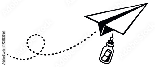 Hand drawn line art illustration of a paper airplane depicting it flying with a message in a bottle for communication