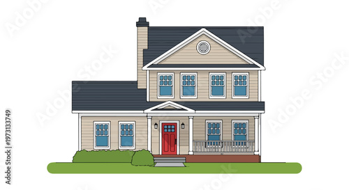 Charming Traditional Two-Story House Illustration with a Red Door and White Picket Fence