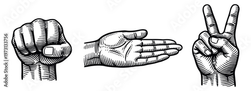 Line art hand gestures set featuring a clenched fist, an open hand, and a peace sign for communication and interaction