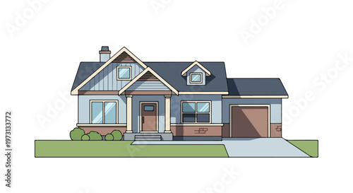 Charming Cartoon Style Illustration of a Suburban Dwelling with a Garage and Manicured Lawn