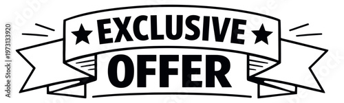 Hand drawn line art illustration of an exclusive offer ribbon banner depicting a special promotion for marketing and sales