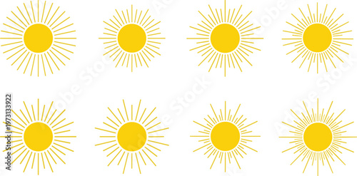 Sunburst Icon Set with Radiating Sun Rays in Minimal Yellow Style for Summer, Weather, Energy, and Decorative Graphic Design Applications