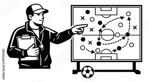 Hand drawn illustration of a soccer coach explaining a game strategy on a tactics board for sports training