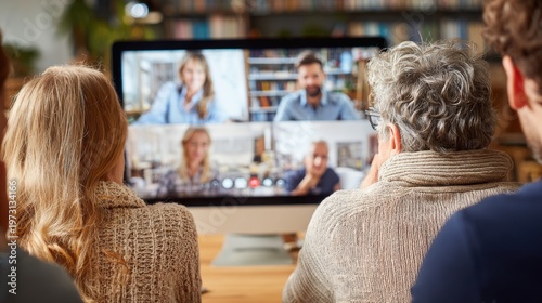 Diverse group of people participating in a remote video conference call from a home office setting