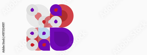 Abstract composition featuring overlapping circles. Colors include red, purple, white, blue. Minimalist design, simple shapes, modern aesthetic.