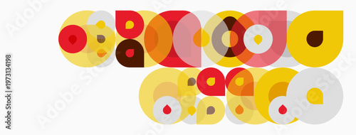 Abstract composition featuring overlapping circles, rectangles. Colors include red, yellow, beige, white. Minimalist design, geometric shapes present.