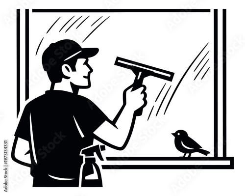 Line art illustration of a window cleaner depicting window washing for cleaning services