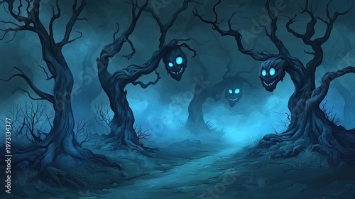 Eerie Forest Path with Twisted Trees and Glowing Blue Skull Faces in Misty Darkness