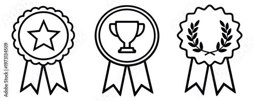 Line art award badge set featuring a star, a trophy, and a laurel wreath for recognition and achievement