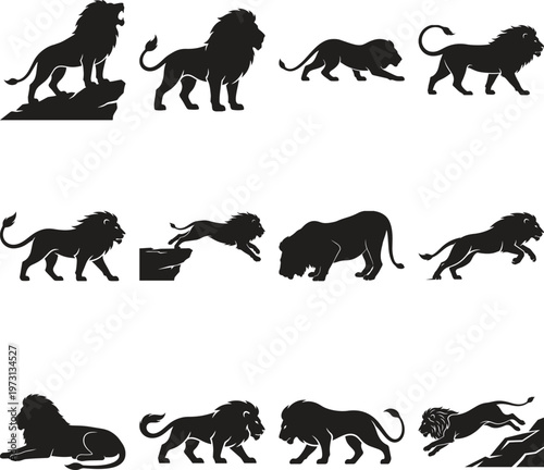 Lion silhouette collection with 12 animal vector icons, majestic male lions in various poses like roaring jumping and walking, black predatory cat symbols for wildlife logo design isolated PNG