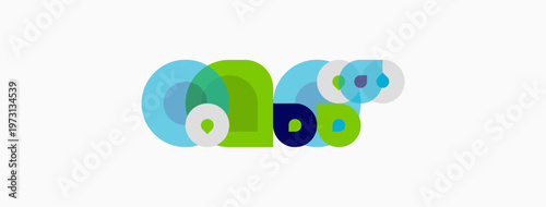 Abstract graphic features overlapping circles. Colors include blue, green, navy, light teal. Design suggests connection, fluidity, movement.