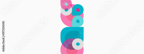 Abstract geometric shapes stacked vertically. Pink, teal colors dominate white background. Modern design, simple composition.