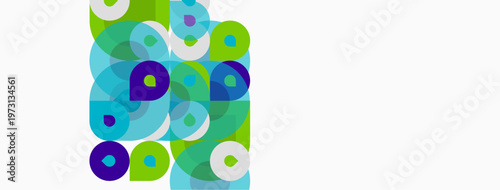 Abstract circles overlap, creating vibrant green, blue hues. White space dominates right side, simple design.