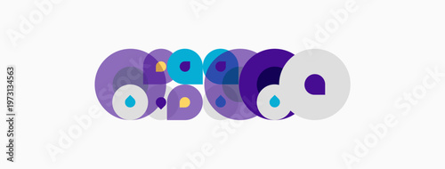 Abstract circles overlap, creating vibrant purple, white hues. Modern design suggests connectivity, unity, innovation. Simple background enhances visual impact.